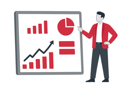 On the right side of the picture there is a person pointing at a box containing various abstract graphs.